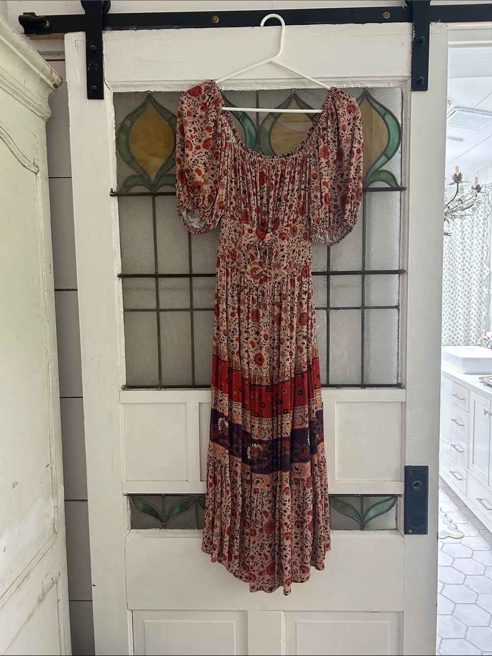 Spell Boho Floral corset Maxi Dress in Rust and Navy